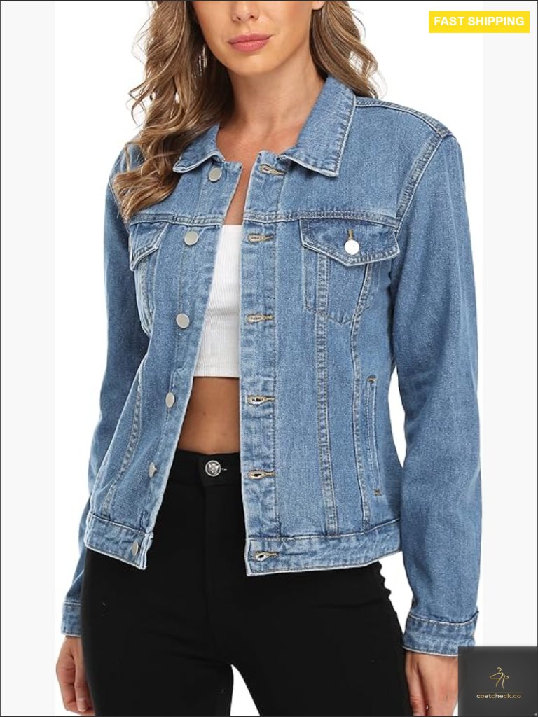 Denim Jacket Button Up Long Sleeve Trendy Classic Casual Trucker With Pockets